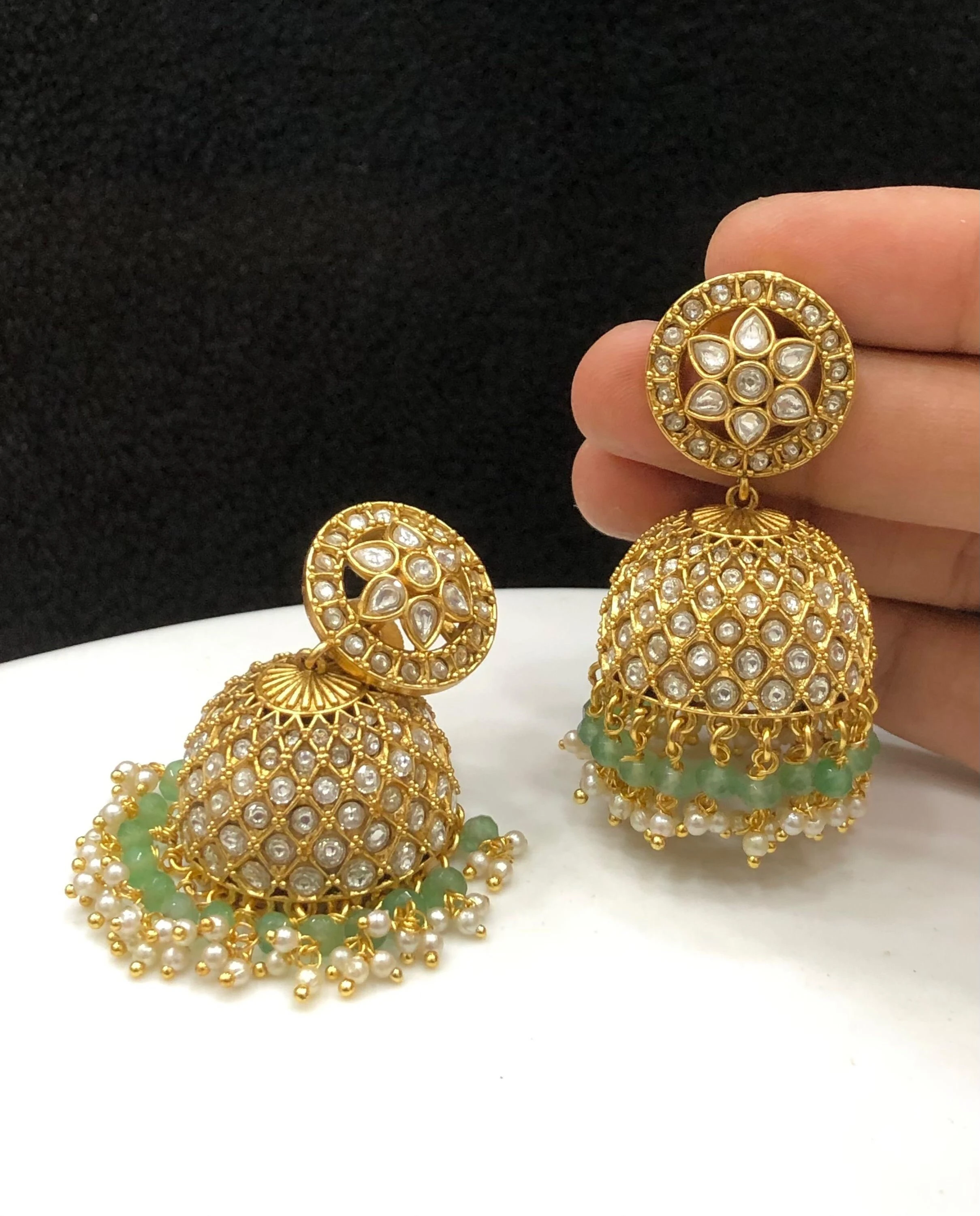 Kundan Stone Jhumkas - White